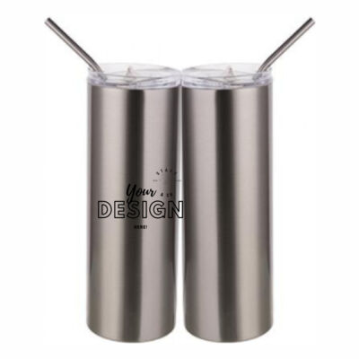 Your Design Here - 20 oz Stainless Silver Skinny Tumbler with Stainless Straw and Lid Thumbnail